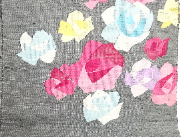  手織り紬薔薇模様織出し名古屋帯